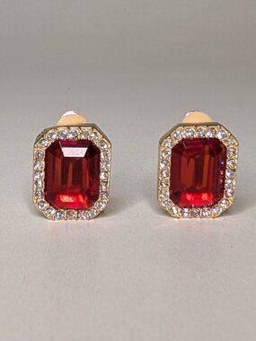 Charter Club Oversized Glam Red Clip On Earrings, Gold Tone Base and Rhinestones
